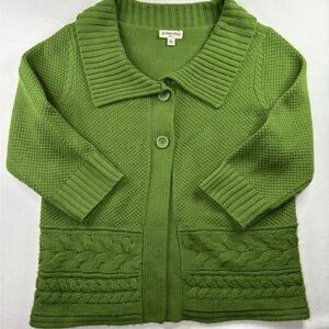 St. John's Bay Sweater Cardigan Womens Petite XL Green Cable Knit Collared